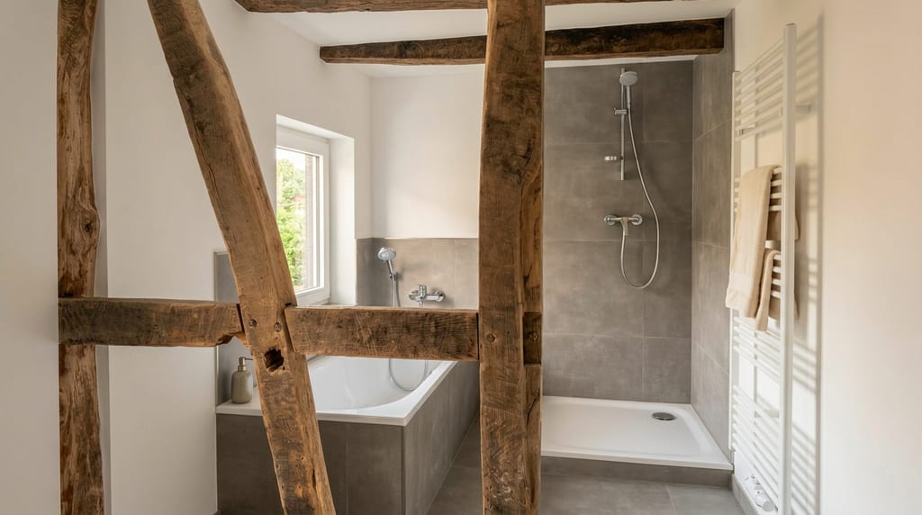 Badezimmer mit Badewanne und bodengleicher Dusche, grau gefliest, dazwischen alte Eichenständer des Fachwerks.