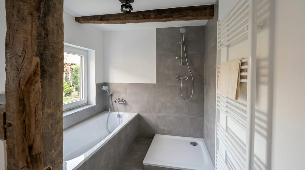 Badezimmer aus anderer Blickrichtung: Badewanne am Fenster, Dusche und Handtuchheizkörper.