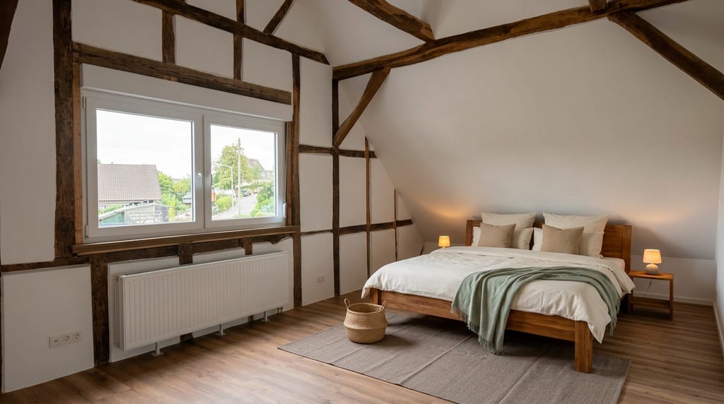 Schlafzimmer unter dem Dach mit sichtbarem Fachwerk in der Wand, Doppelbett aus Holz und Fenster mit Blick über den Ort.