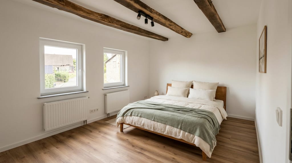 Helles Schlafzimmer mit Doppelbett, zwei Fenstern, Holzdielen und alten Deckenbalken.