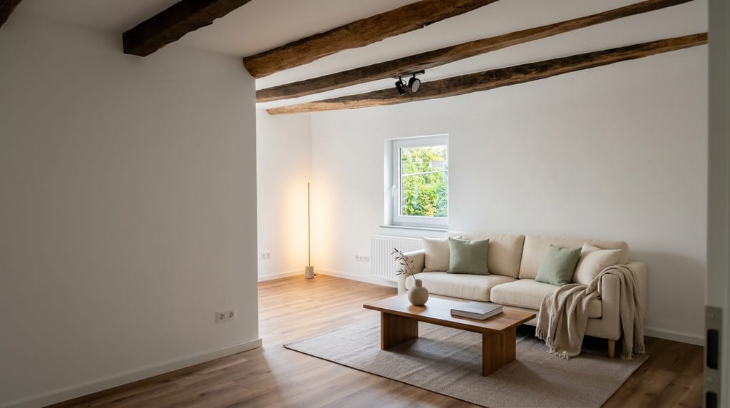 Heller zweiter Wohnraum mit weißen Wänden, Holzdielen, alten Deckenbalken, heller Couch und niedrigem Holztisch.