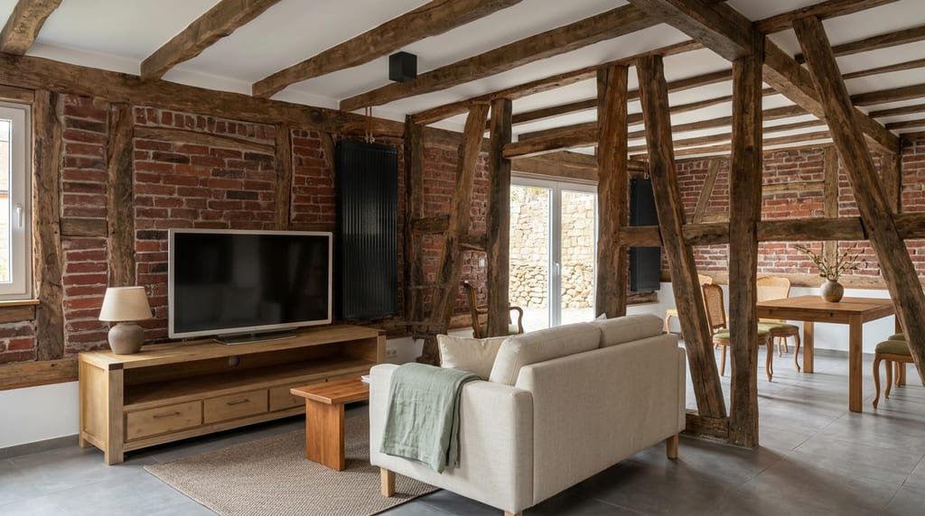 Wohnbereich mit freigelegtem Eichenfachwerk und rotem Ziegelmauerwerk, heller Couch, Holzsideboard mit Fernseher und Blick in den Essbereich.