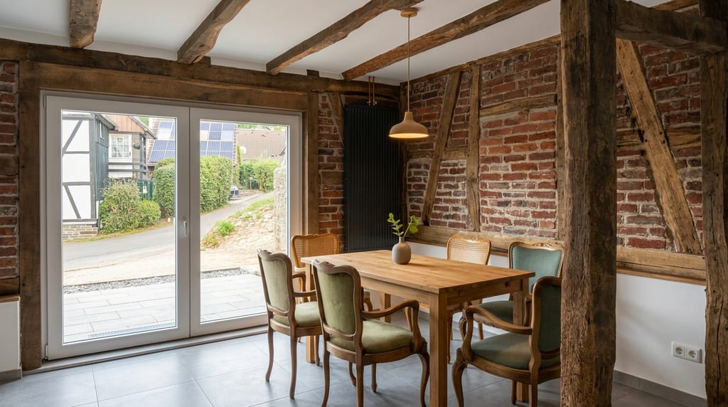 Essbereich mit großem Holztisch, sechs Stühlen, Pendelleuchte und einer Fenstertür zur Terrasse.
